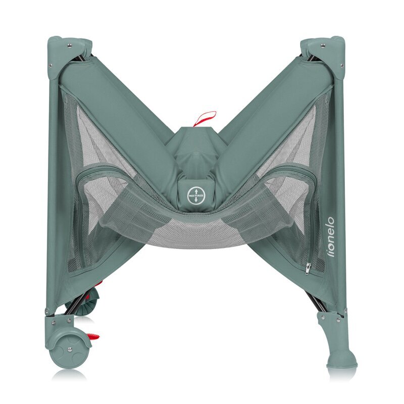 Lionelo Patut pliabil Laura 102 x 74 cm Cu doua nivele Functie de tarc Cu roti Include salteluta si geanta de transport Pereti din plasa Deschidere laterala Pana la 15 kg 0 luni + Verde
