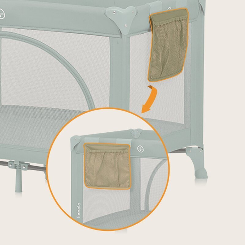 Lionelo Patut pliabil Laura 102 x 74 cm Cu doua nivele Functie de tarc Cu roti Include salteluta si geanta de transport Pereti din plasa Deschidere laterala Pana la 15 kg 0 luni + Verde