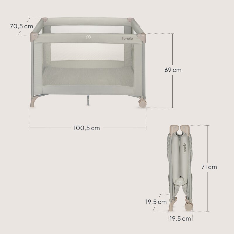 Lionelo Patut pliabil pentru copii Amelie Bej cu intrare laterala salteluta roti geanta transport 100.5x70.5 cm