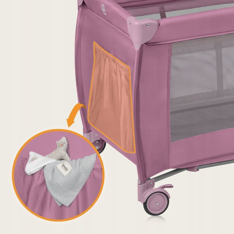 Lionelo Patut pliabil Stefi Plus Cu doua nivele Cu intrare laterala cu fermoar 2 roti 120 x 60 cm Conform cu standardul european de securitate EN 716 Roz