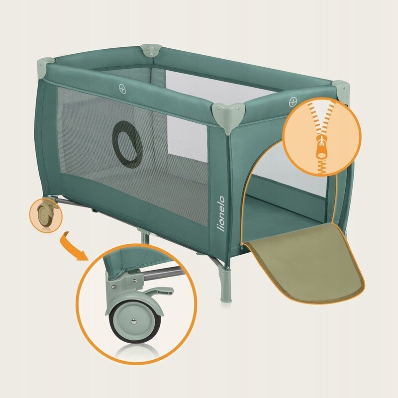 Lionelo Patut pliabil Stefi Plus Cu doua nivele Cu intrare laterala cu fermoar 2 roti 120 x 60 cm Conform cu standardul european de securitate EN 716 Verde Olive