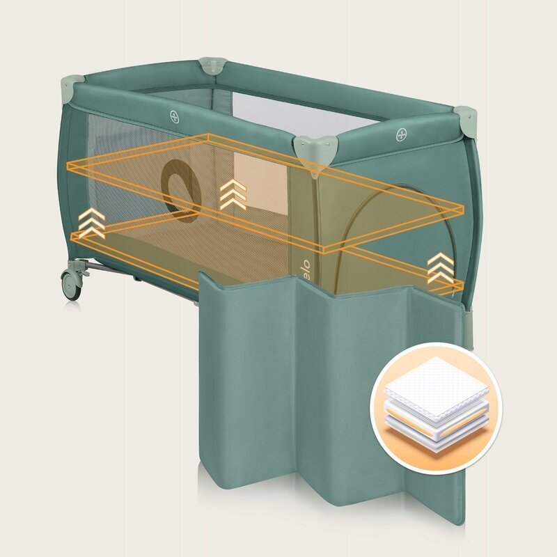 Lionelo Patut pliabil Stefi Plus Cu doua nivele Cu intrare laterala cu fermoar 2 roti 120 x 60 cm Conform cu standardul european de securitate EN 716 Verde Olive