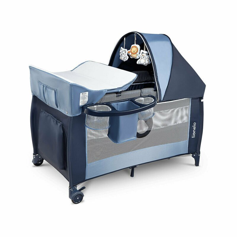 Lionelo Patut pliant Sven Plus Blue Navi cu doua nivele cu arcada jucarii masuta de infasat vibratii melodii conform cu standardele europeane de securitate EN716 si EN12221