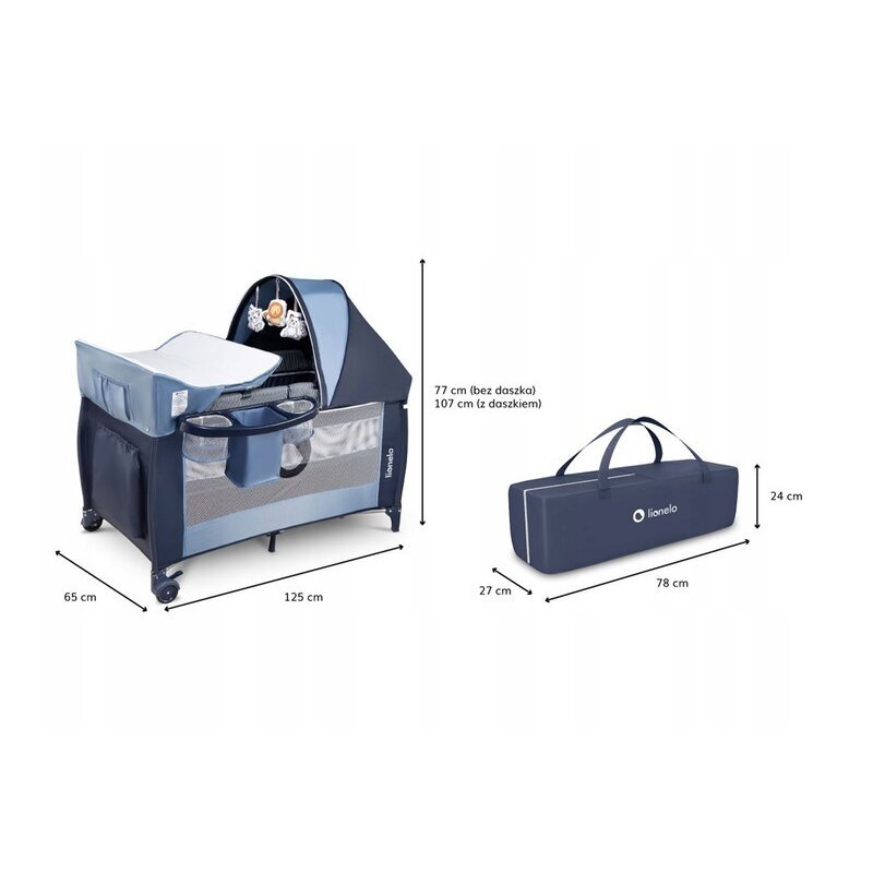 Lionelo Patut pliant Sven Plus Blue Navi cu doua nivele cu arcada jucarii masuta de infasat vibratii melodii conform cu standardele europeane de securitate EN716 si EN12221