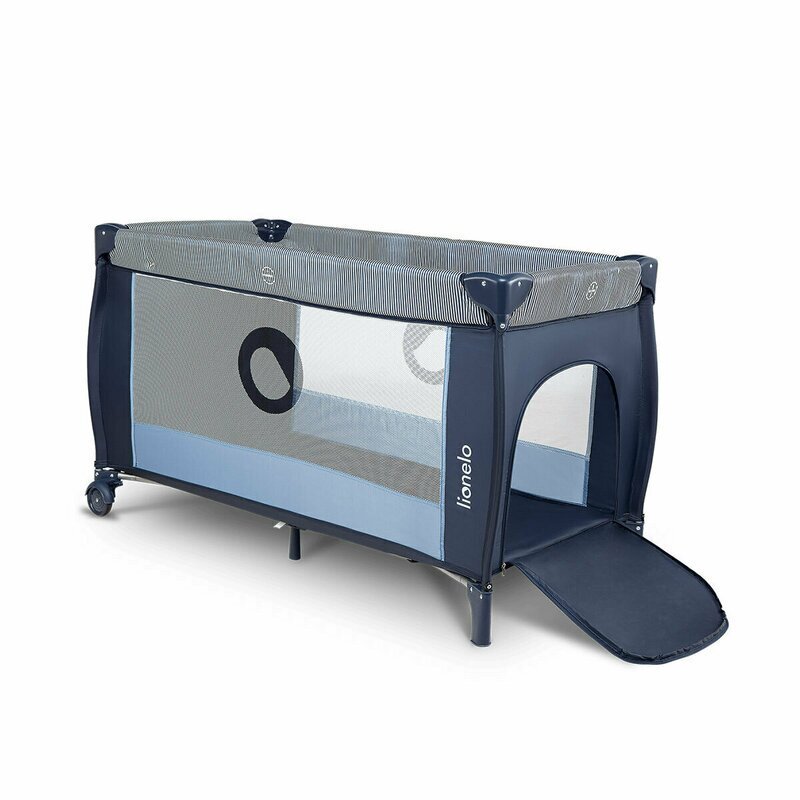Lionelo Patut pliant Sven Plus Blue Navi cu doua nivele cu arcada jucarii masuta de infasat vibratii melodii conform cu standardele europeane de securitate EN716 si EN12221