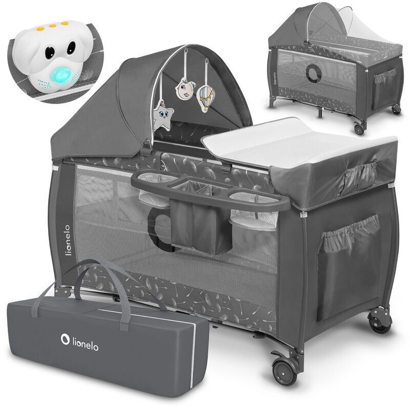 Lionelo Patut pliant Sven Plus Grey cu doua nivele cu arcada jucarii masuta de infasat vibratii melodii conform cu standardele europeane de securitate EN716 si EN12221