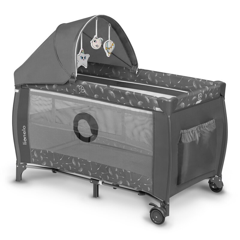 Lionelo Patut pliant Sven Plus Grey cu doua nivele cu arcada jucarii masuta de infasat vibratii melodii conform cu standardele europeane de securitate EN716 si EN12221