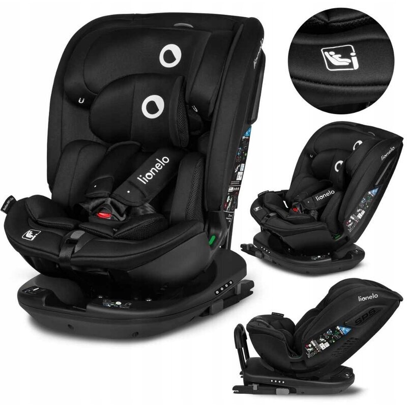 Lionelo Scaun auto Bastiaan RWF Negru i-Size pozitie de somn protectie laterala rotire 360 grade 0-36 kg cu isofix si centura Top Tether conform cu standardul european de securitate ECE R129