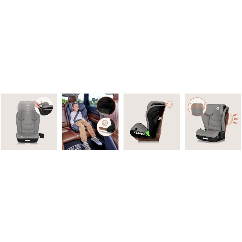 Lionelo Scaun auto i-Size Neal Gri spatar reglabil in 4 pozitii tetiera in 10 pozitii suport sticla inclus 15-36 Kg 100-150 cm cu isofix conform ECE R129
