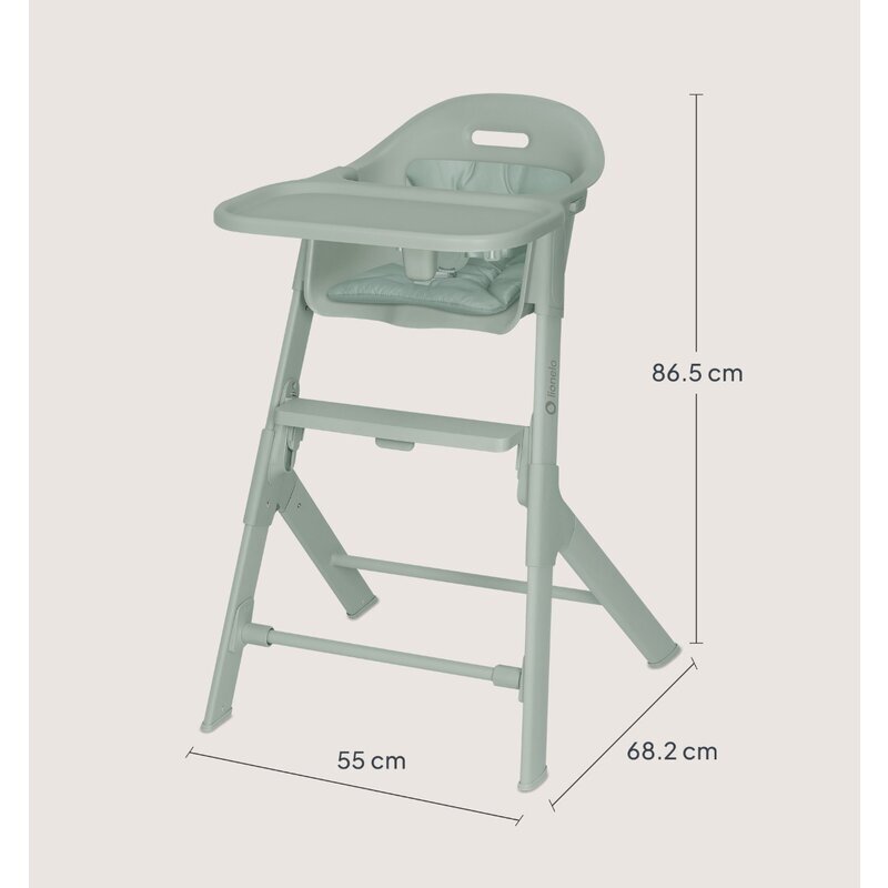 Lionelo Scaun de masa Beny Verde cu suport pentru picioare tavita ajustabila in 2 pozitii insertie moale centuri in 3 puncte sustine 15 kg 6 luni+
