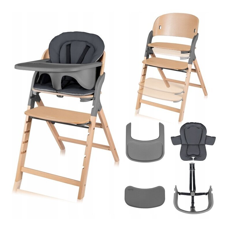 Lionelo Scaun de masa multifunctional Megan din lemn de fag 6 luni- adult reglabil pe inaltime husa impermeabila tavita silicon suport de picioare reglabil greutate maxima 110 Kg Gri