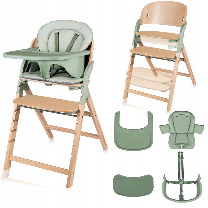 Lionelo Scaun de masa multifunctional Megan din lemn de fag 6 luni- adult reglabil pe inaltime husa impermeabila tavita silicon suport de picioare reglabil greutate maxima 110 Kg Verde