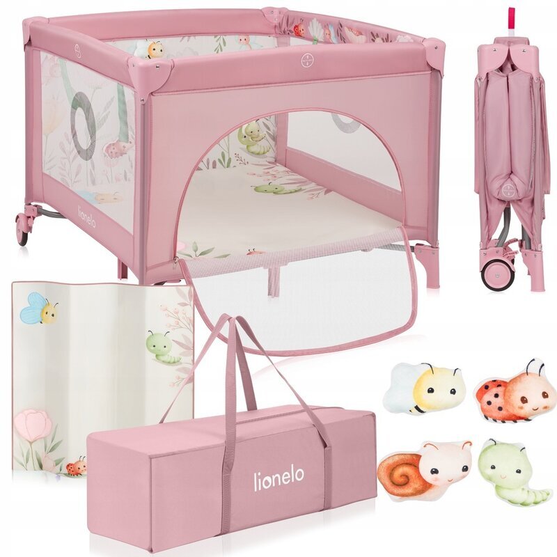 Lionelo Tarc de joaca Mille Plus Roz pliabil include saltea 4 jucarii cu velcro manere textile 100x100x77 cm