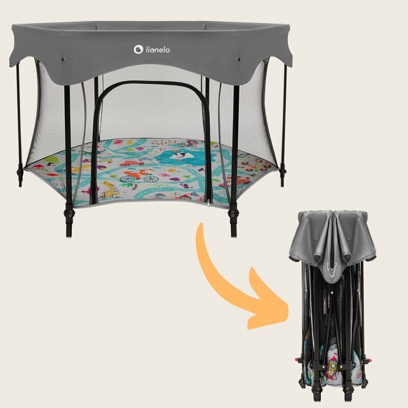 Lionelo Tarc de joaca Roel Plus Multicolor pliere ultra-compacta sistem LockGuard impotriva plierii accidentale geanta de transport conform cu EN 122272010 134x134x74 cm 6 luni+