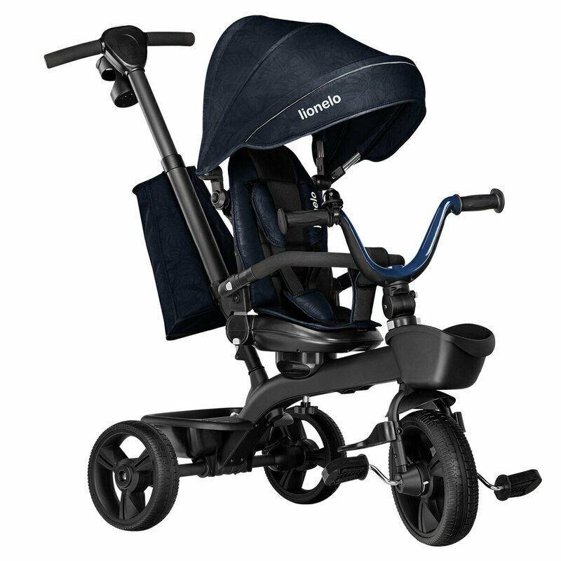 Lionelo Tricicleta pentru copii Kori Blue Navy cu scaun reversibil rotire 360 grade ultrapliabila suport de picioare control al directiei conform cu standardul european de securitate EN71