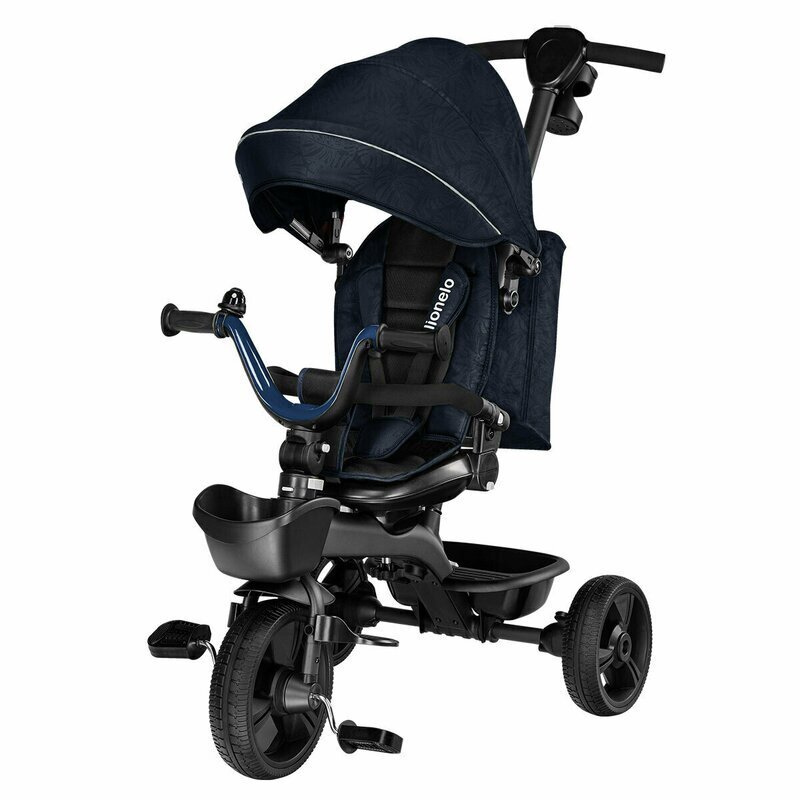 Lionelo Tricicleta pentru copii Kori Blue Navy cu scaun reversibil rotire 360 grade ultrapliabila suport de picioare control al directiei conform cu standardul european de securitate EN71