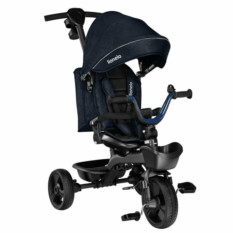 Lionelo Tricicleta pentru copii Kori Blue Navy cu scaun reversibil rotire 360 grade ultrapliabila suport de picioare control al directiei conform cu standardul european de securitate EN71