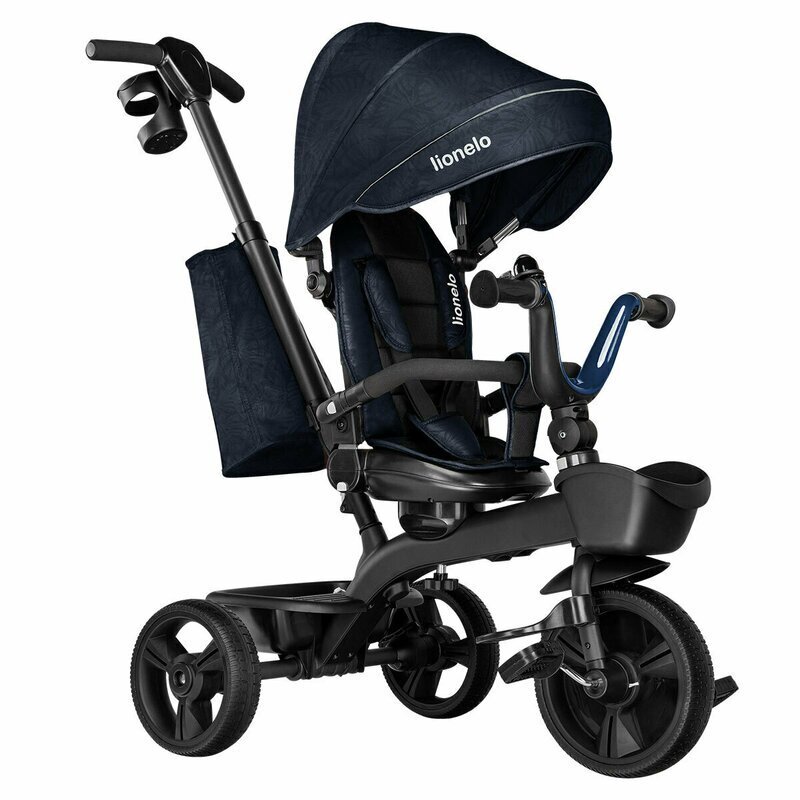 Lionelo Tricicleta pentru copii Kori Blue Navy cu scaun reversibil rotire 360 grade ultrapliabila suport de picioare control al directiei conform cu standardul european de securitate EN71
