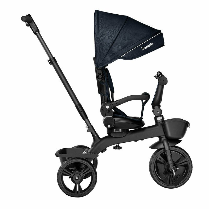 Lionelo Tricicleta pentru copii Kori Blue Navy cu scaun reversibil rotire 360 grade ultrapliabila suport de picioare control al directiei conform cu standardul european de securitate EN71
