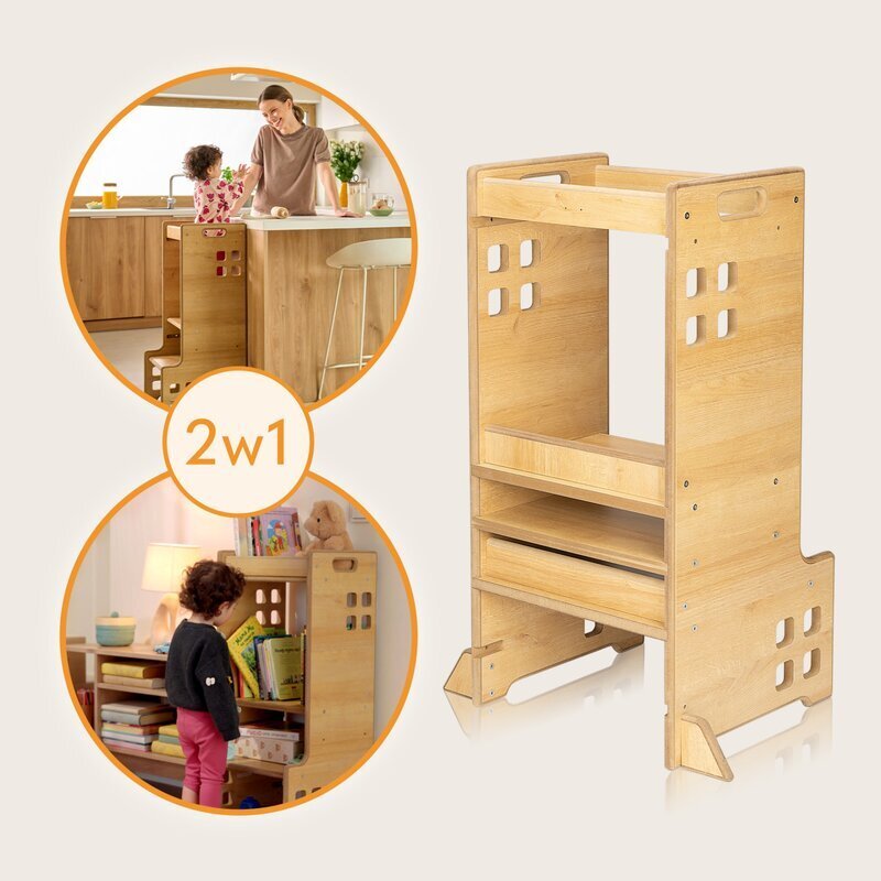Lionelo Turn de invatare Montessori Cass Alb functie de raft pentru carti pana la 30 kg 1-6 ani din MDF si furnir 3 trepte de inaltime