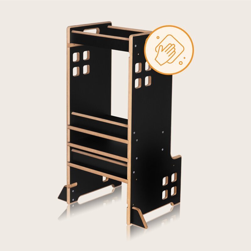 Lionelo Turn de invatare Montessori Cass Negru functie de raft pentru carti pana la 30 kg 1-6 ani din MDF si furnir 3 trepte de inaltime