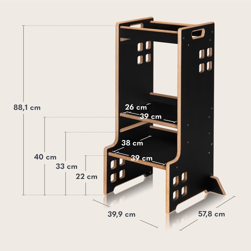 Lionelo Turn de invatare Montessori Cass Negru functie de raft pentru carti pana la 30 kg 1-6 ani din MDF si furnir 3 trepte de inaltime