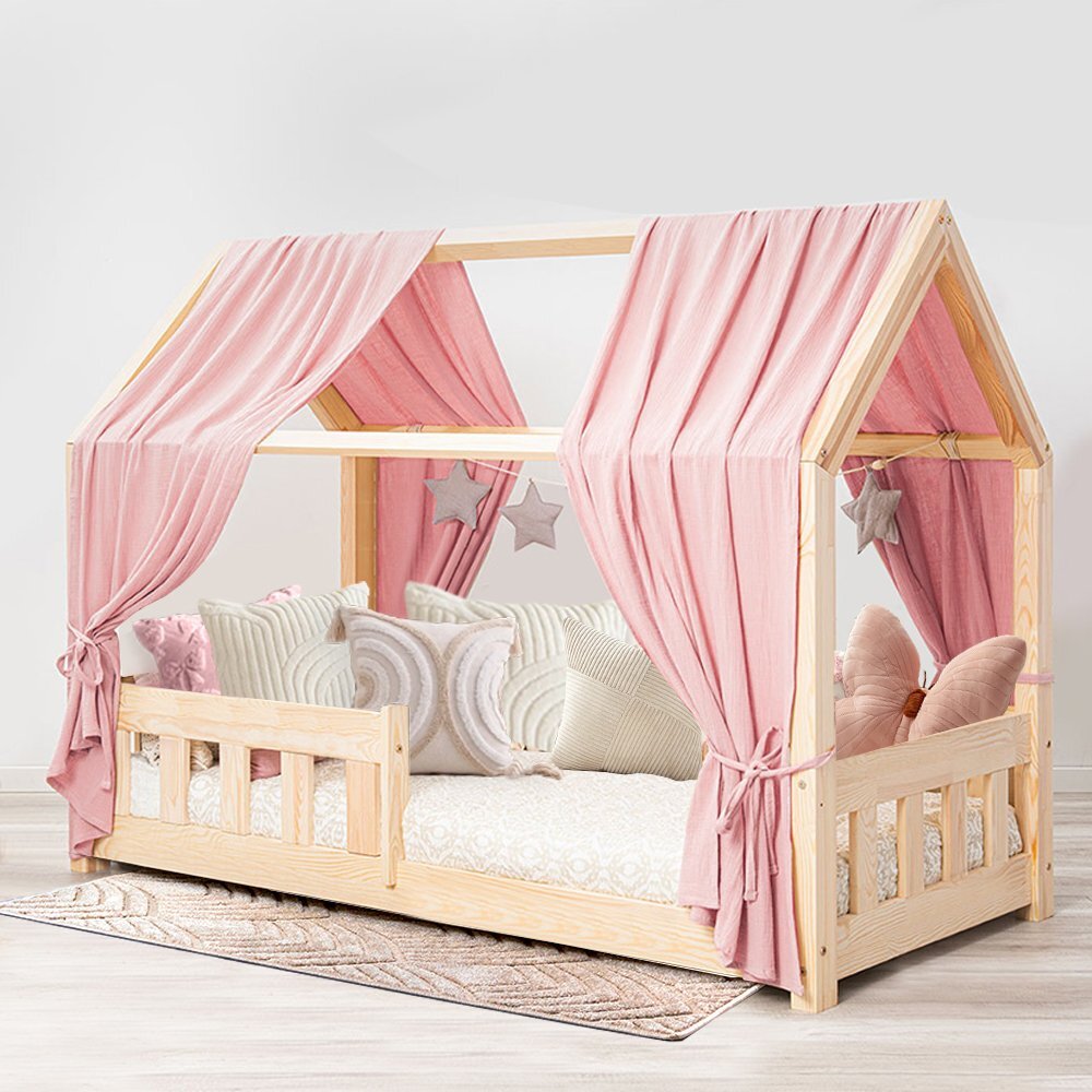 Little Amy Pat copii montessori tip casuta LittleAmy Angel Nest Balustrade cu bare plate Natur 120 x 200 cm