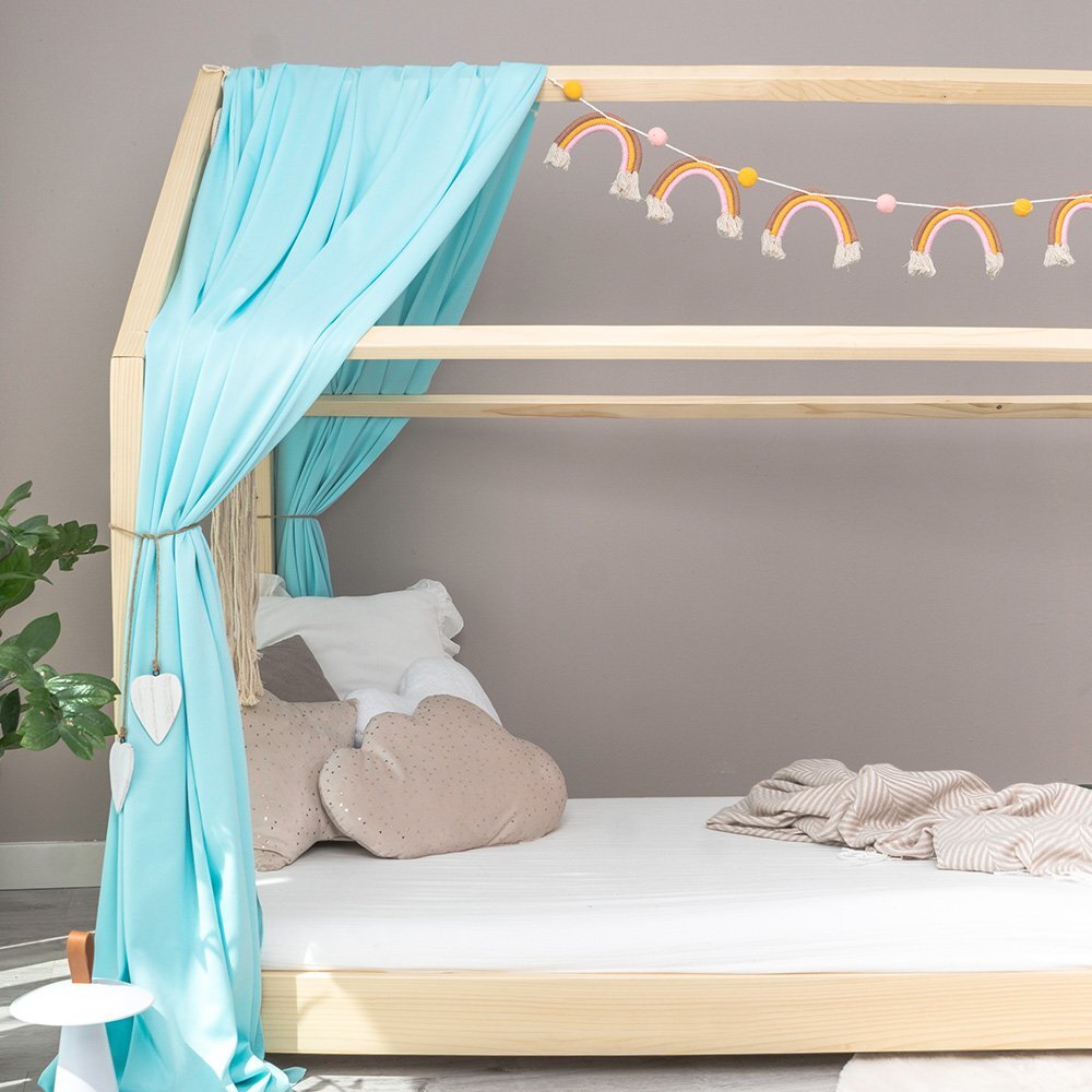 Little Amy Pat copii montessori tip casuta LittleAmy Angel Nest Balustrade cu bare rotunde Natur 90 x 200 cm