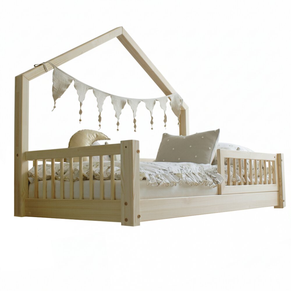 Little Amy Pat pentru copii casuta montessori MiniNest balustrade cu bare rotunde Natur 100x200 cm