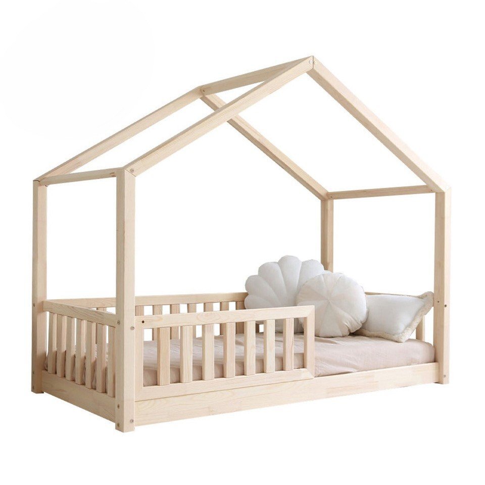 Little Amy Pat pentru copii casuta montessori Timber Sleep balustrade cu bare plate Natur 120x200 cm