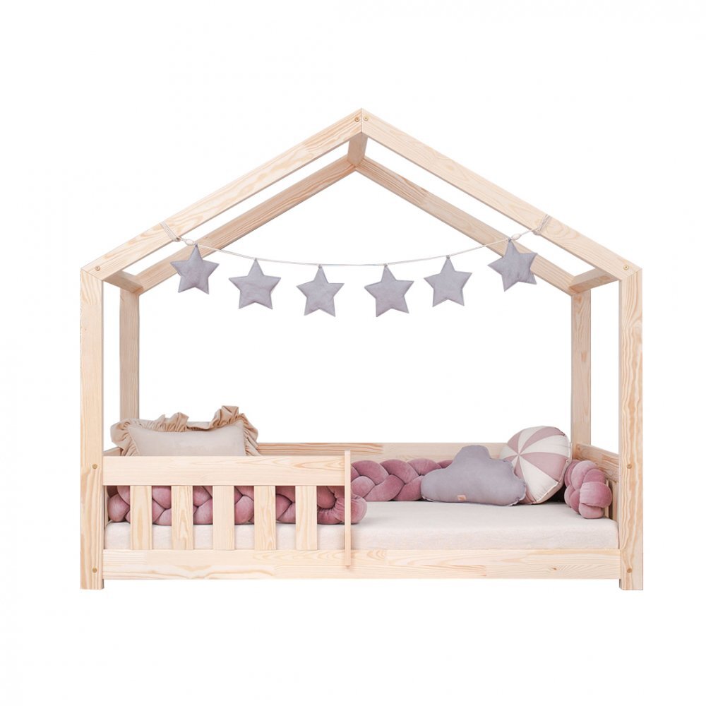 Little Amy Pat pentru copii Montessori tip casuta LittleAmy Cozi Cottage balustrade cu bare plate Natur 120 x 200 cm