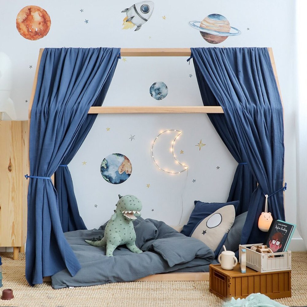 Little Amy Set 2 baldachine muselina pentru pat tip casuta Albastru inchis 2x280 cm pentru pat 70x140 cm