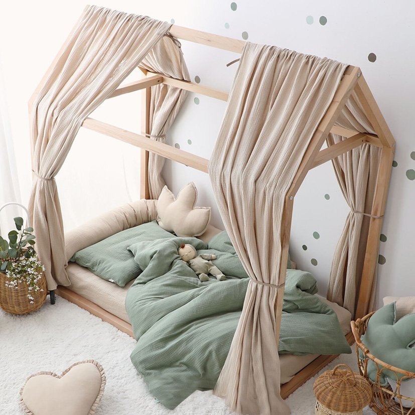 Little Amy Set 2 baldachine muselina pentru pat tip casuta Bej 2x330 cm pentru pat 100x180 cm