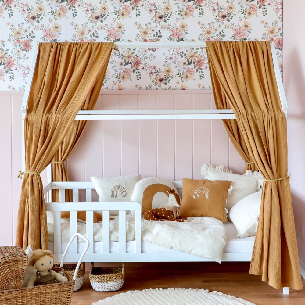 Little Amy Set 2 baldachine muselina pentru pat tip casuta Camel 2x315 cm pentru pat 90x200 cm