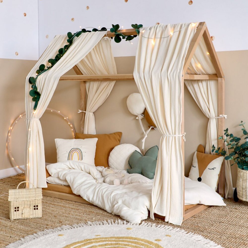 Little Amy Set 2 baldachine muselina pentru pat tip casuta Crem 2x330 cm pentru pat 100x180 cm