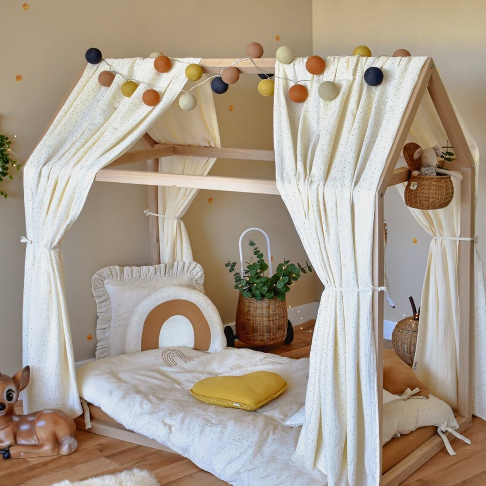 Little Amy Set 2 baldachine muselina pentru pat tip casuta Gold Princess 2x300 cm pentru pat 80x160 cm