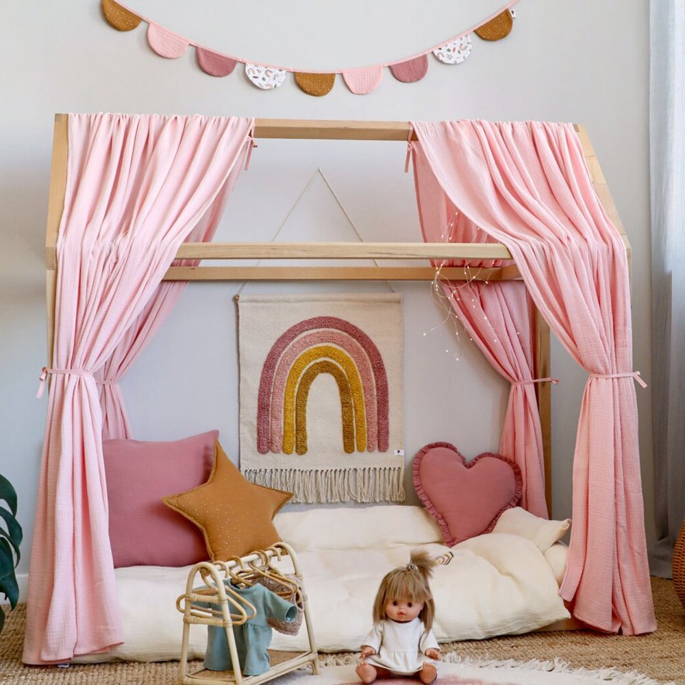 Little Amy Set 2 baldachine muselina pentru pat tip casuta Roz 2x330 cm pentru pat 100x180 cm