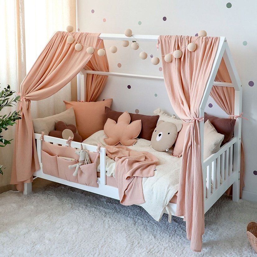 Little Amy Set 2 baldachine muselina pentru pat tip casuta Somon 2x300 cm pentru pat 80x160 cm