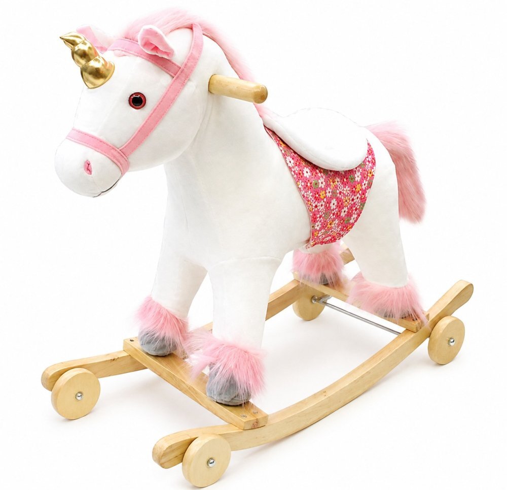 Little Mom Balansoar Unicorn Bella din plus cu sunete roti baza solida din lemn recomandat 3 ani+