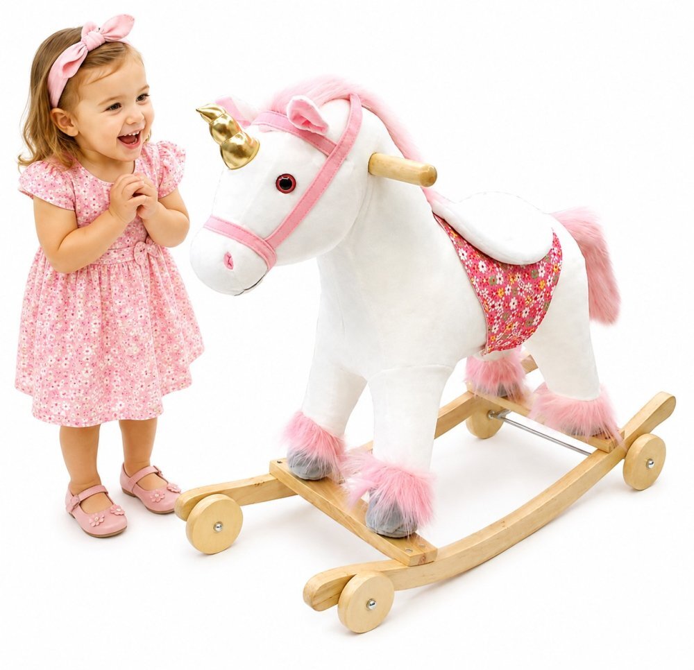 Little Mom Balansoar Unicorn Bella din plus cu sunete roti baza solida din lemn recomandat 3 ani+