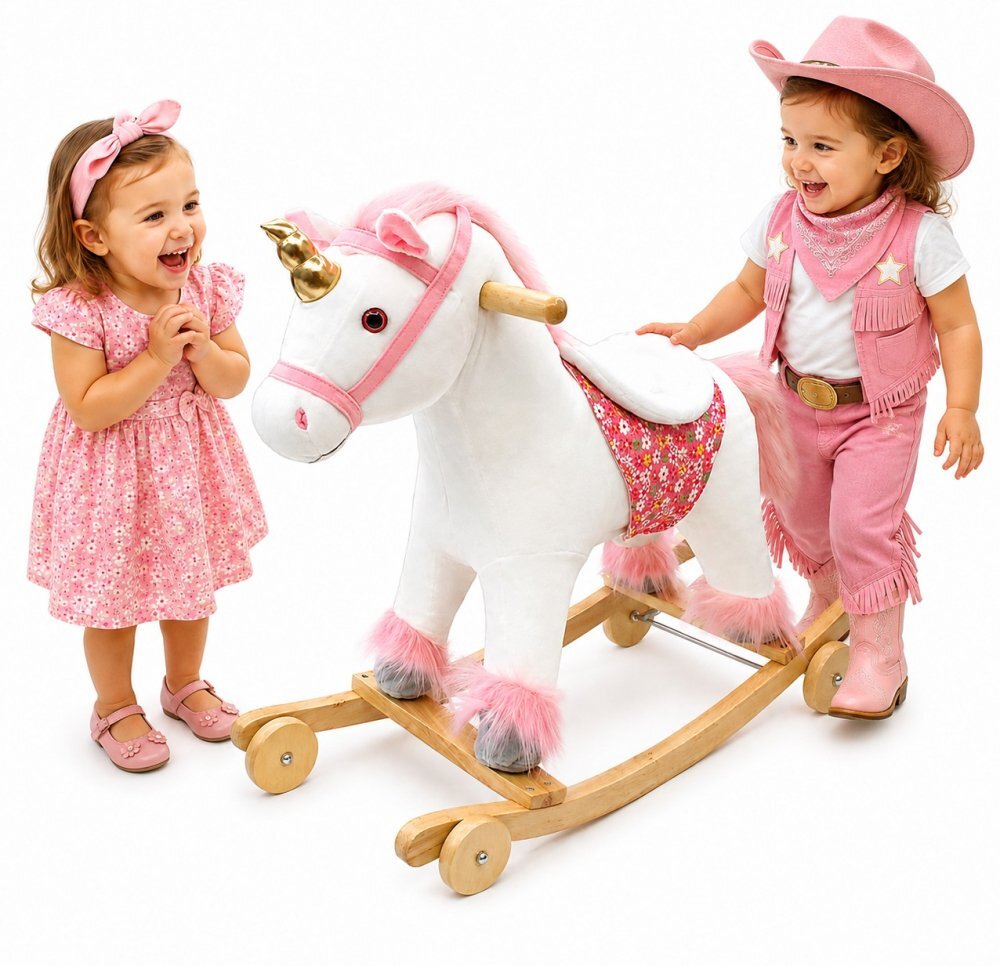 Little Mom Balansoar Unicorn Bella din plus cu sunete roti baza solida din lemn recomandat 3 ani+