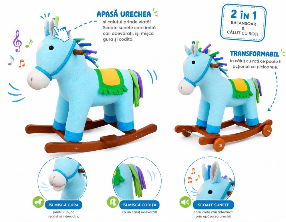 Little Mom Balansoar Unicorn Bouncy din pluscu roti sunete baza solida din lemn recomandat 3 ani+
