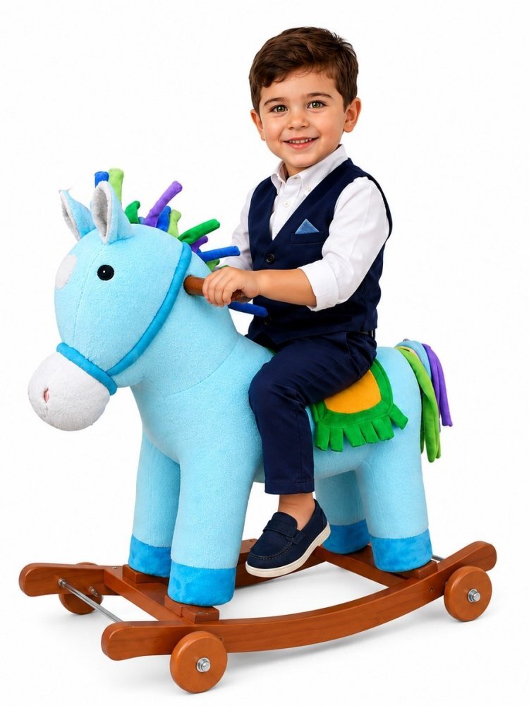 Little Mom Balansoar Unicorn Bouncy din pluscu roti sunete baza solida din lemn recomandat 3 ani+
