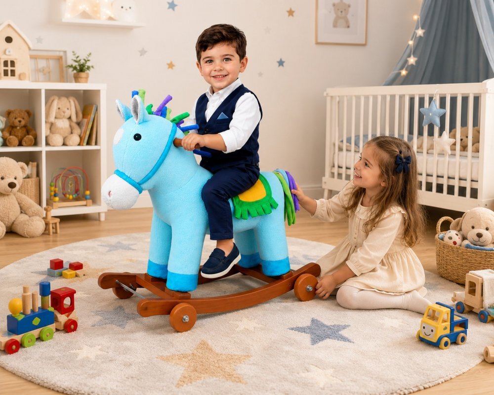Little Mom Balansoar Unicorn Bouncy din pluscu roti sunete baza solida din lemn recomandat 3 ani+
