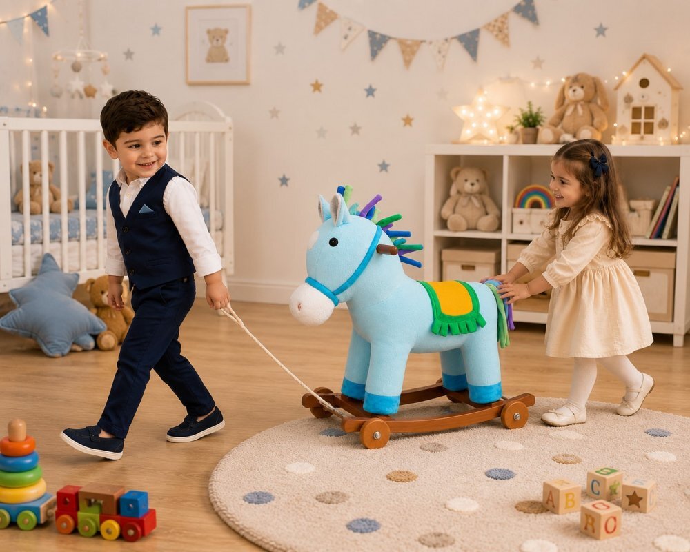 Little Mom Balansoar Unicorn Bouncy din pluscu roti sunete baza solida din lemn recomandat 3 ani+