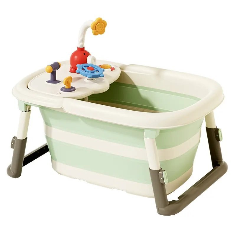 Little Mom Cadita 3 in 1 pentru copii AquaPlay Green pliabila echipata cu masuta de joaca detasabila dus functional si dop evacuare apa picioruse reglabile in inaltime dimensiune 78.5 x 51.5 x 38 cm
