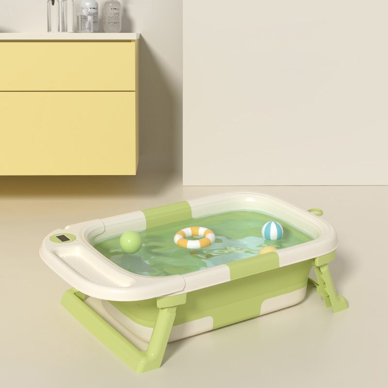 Little Mom Cadita AquaFold Thermo Green ultrapliabila cu termometru dop evacuare margini rotunjite display digital masurare temperatura dimensiuni 69.5 x 21 x 42 cm