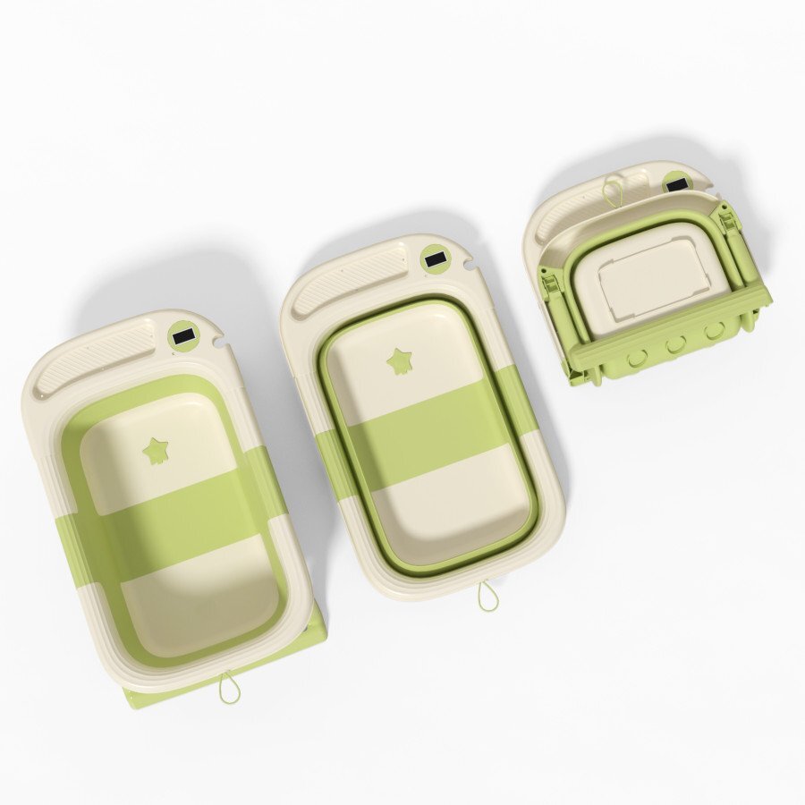 Little Mom Cadita AquaFold Thermo Green ultrapliabila cu termometru dop evacuare margini rotunjite display digital masurare temperatura dimensiuni 69.5 x 21 x 42 cm