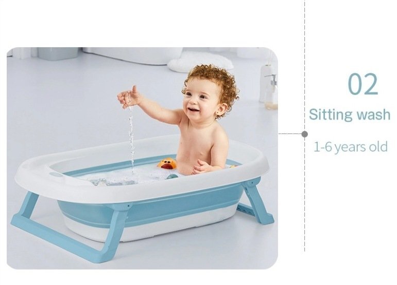 Little Mom Cadita bebelusi Fold Blue pliabila cu dop evacuare picioare cu material antiderapant margini rotunjite