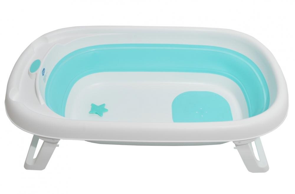 Little Mom Cadita bebelusi Fold Blue pliabila cu dop evacuare picioare cu material antiderapant margini rotunjite